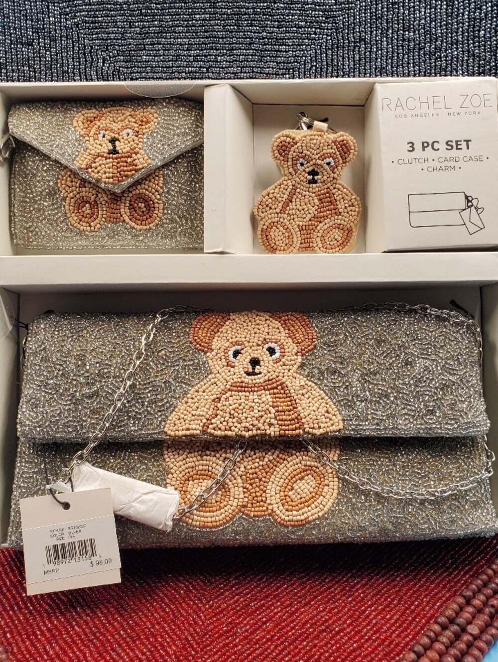 Rachel Zoe Teddy Bear Beaded Shoulder Bag Purse Wallet & Key Chain 3 Piece Set